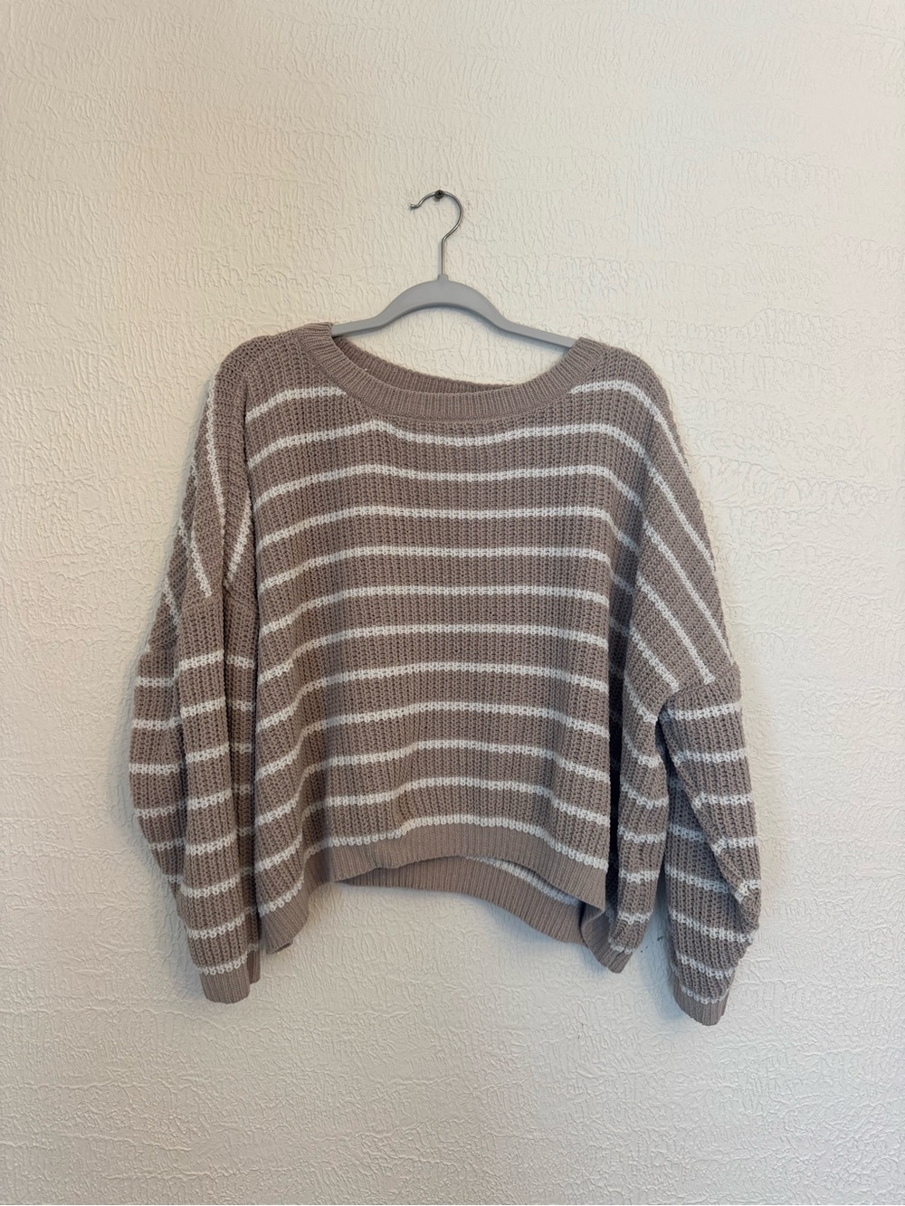 Maurices Taupe and White Striped Crewneck Sweater